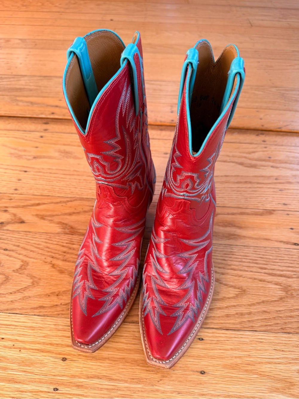 Lucchese Red Leather Western Boots with Turquoise Pull Tabs